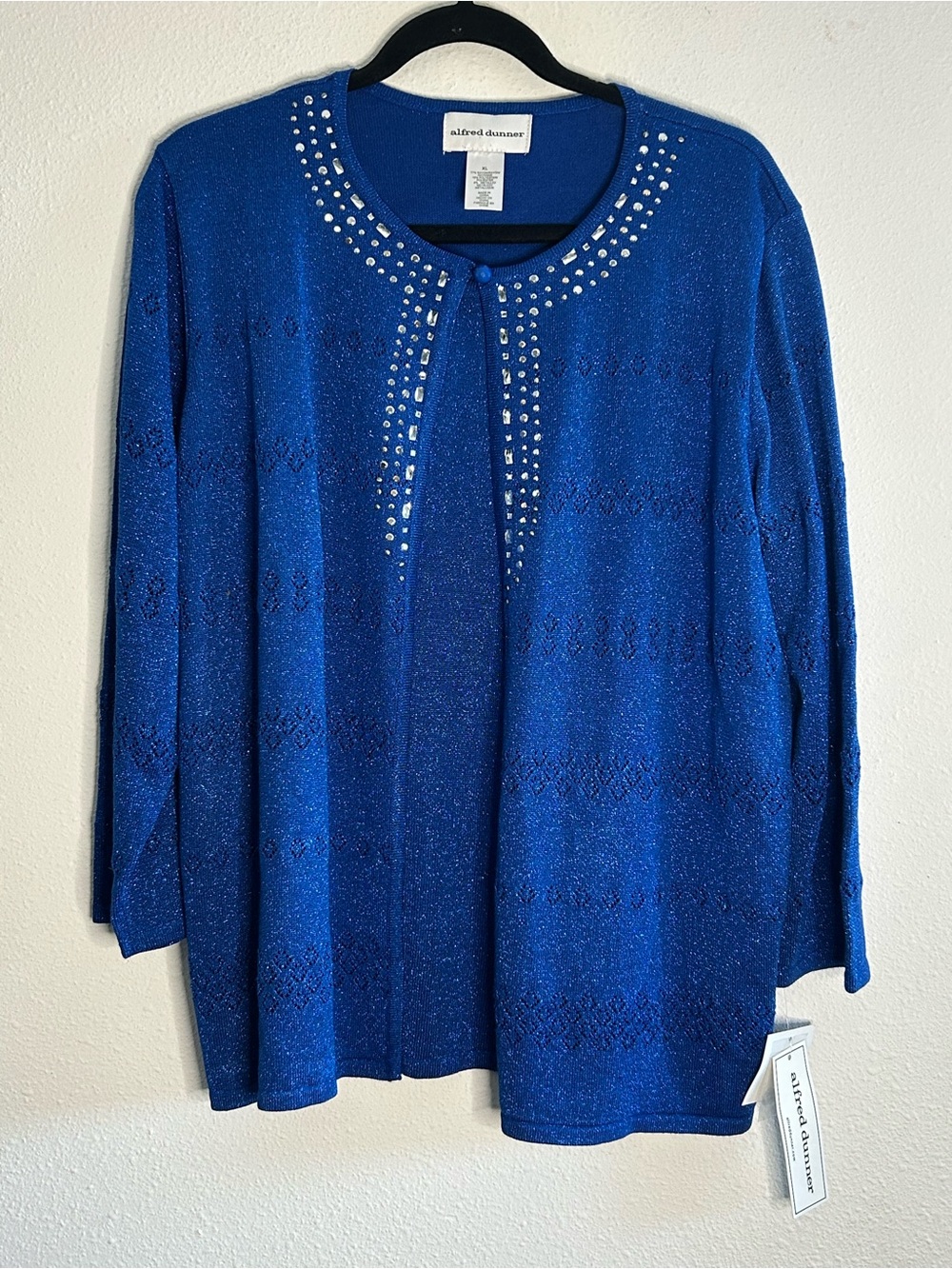 Alfred Dunner Blue Embellished Open Front Cardigan